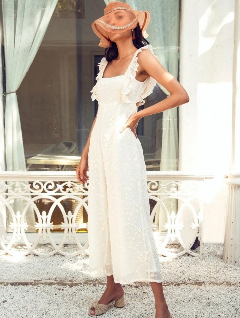 Essgee Cream Embroidered Sequin Ruffle Strap Backless Jumpsuit XS